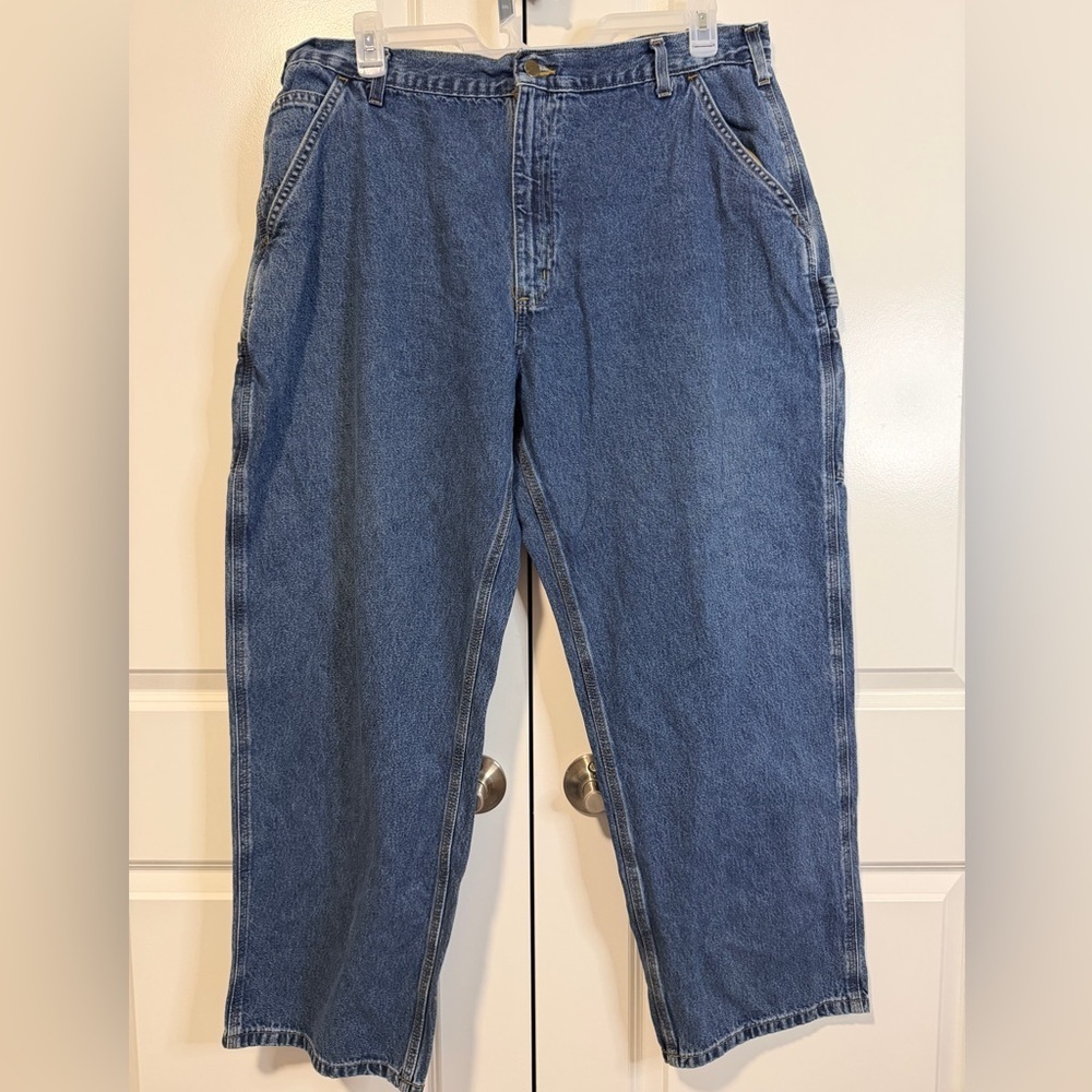 Vintage Carhartt B13 Dungaree Fit Jeans 42x30 Blue Denim Carpenter Workwear